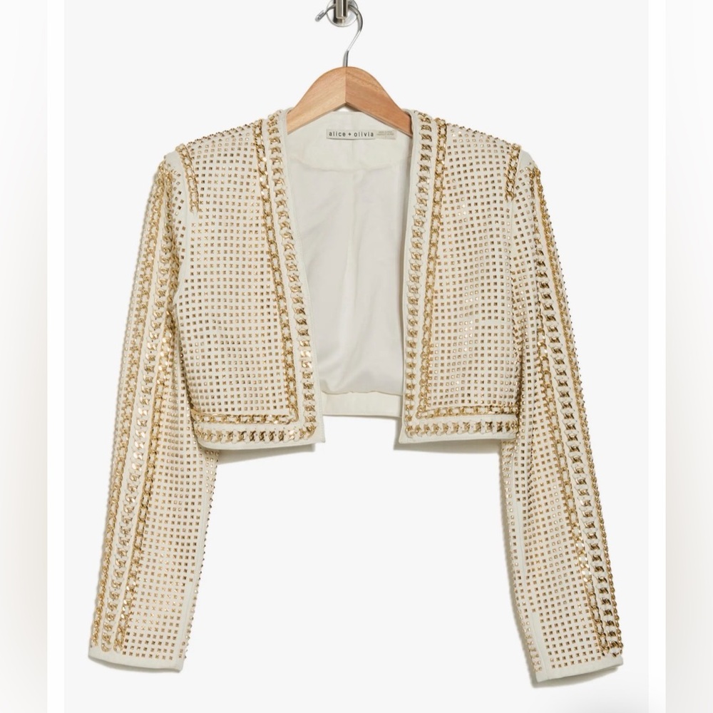 Alice + Olivia MAIRA Cropped Leather Jacket with Chain Trim - Picture 8 of 10